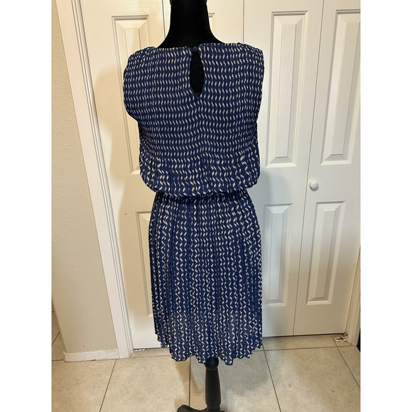 Joe Fresh Size S Stretchy MIDI Knit Dress Pleated Career Navy Geometric Summer - Picture 7 of 11